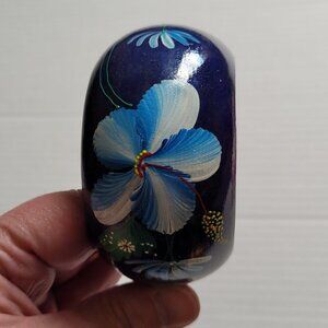 Blue flower bracelet wood cuff Hawaiian hand painted boho floral jewelry beach